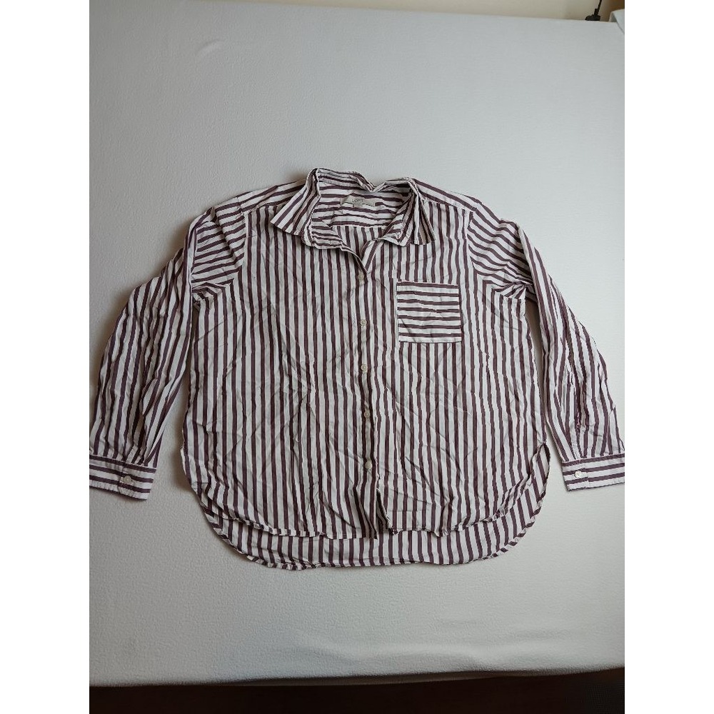 LOFT Womens L Striped Button Down Shirt 100% Cotton Long Sleeve Maroon White